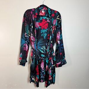 Stars Above Black Floral Satin Silky Robe Womens Sleepwear Wrap Kimono Flowy XL